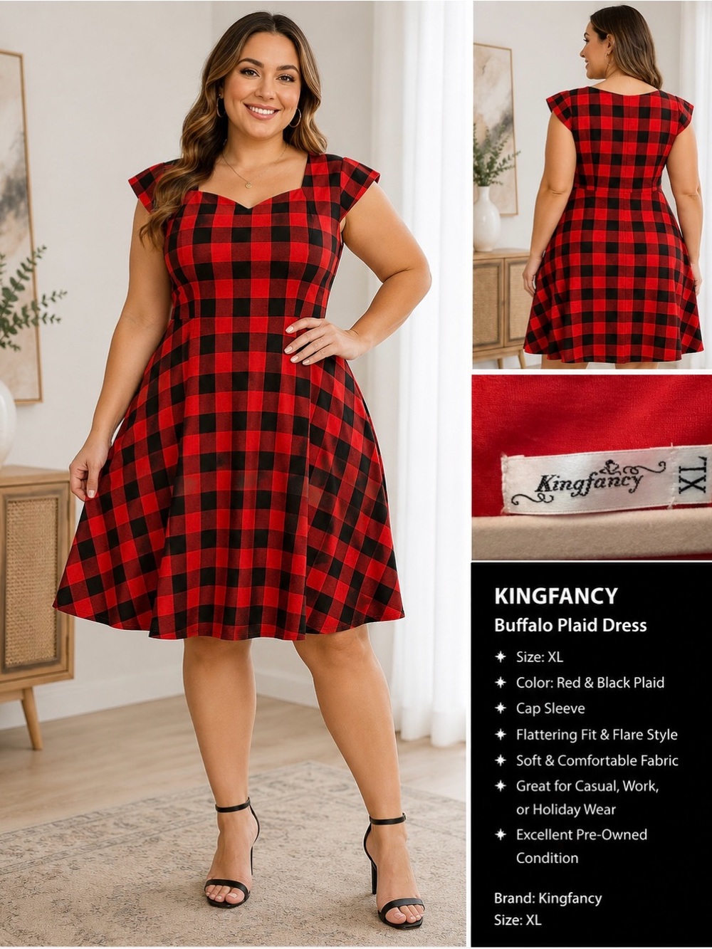 Amazon Essentials Red & Black Buffalo Plaid Fit-and-Flare Midi Dress